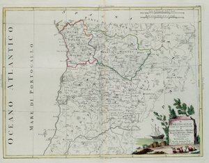 Portugalia, czyli prowincje Entre Douro, Minho, Traz-os-Montes i Beir, rycina G. Zulianiego zaczerpnięta z Tomu I najnowszego Atlasu wydanego w Wenecji w 1776 r. przez Antonio Zattę, Private Coll autorstwa G. Zuliani