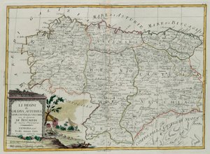 The Kingdoms of Galicia, Asturies, Leon, Castilla Vieja with Council of Biscallia, rycina G. Zulianiego zaczerpnięta z Tome I najnowszego Atlasu wydanego w Wenecji w 1776 roku przez Antonio Zattę, Priva autorstwa G. Zuliani