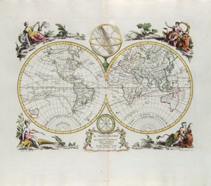 Mapa świata i ogólny opis kuli ziemskiej, rycina G. Zulianiego zaczerpnięta z Tomu I najnowszego Atlasu wydanego w Wenecji w 1774 roku przez Antonio Zattę