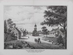 Old Reformed Dutch Church w 1776, narysowany przez pannę Elizabeth Sleight w 1808, wydrukowany dla H. McCloskeys Manuel z miasta Brooklyn, 1864 autorstwa G. after Hayward