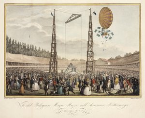 Lot bolońskiego Muzio Muzzi (1809-46) w sterowcu Retirremiga, 1838 autorstwa G. after Meloni