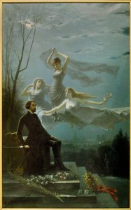 Romantyzm: „Noce Musseta” Francuski poeta Alfred de Musset (1810-1857) zainspirował Muzy do napisania obrazu „Noce” Gabriela Aimable de la Foulhouze (1825-1887). 1886 Olej na płótnie Clermont Ferrand (Clermont-Ferrand). zrozumiałem autorstwa Gabriel Amable de Lafoulhouze