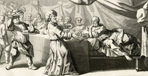 Jezus zaproszony na obiad z faryzeuszem, ilustracja z Ewangelii św. Łukasza, rozdział 11:37, 1728 autorstwa Gabriel Francois Louis Debrie