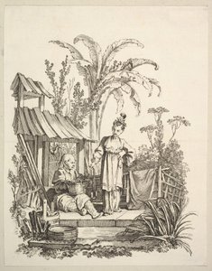 Siedzący Chińczyk i kobieta niosąca rybę, ok. godz. 1742. autorstwa Gabriel Huquier