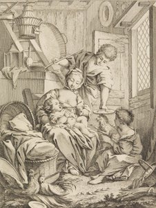 Płyta 1: Młoda kobieta karmiąca swoje niemowlę, z Premier Livre de Subjects et Pastorales Fi..., 1720-72. autorstwa Gabriel Huquier