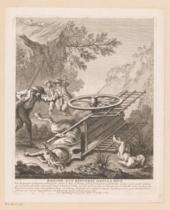 Ragotin valt van de wagen Ragotin zostaje powalony w błocie (tytuł na obiekcie) Sceny z Romana Comique van Scarrona (tytuł serii) autorstwa Gabriel Huquier