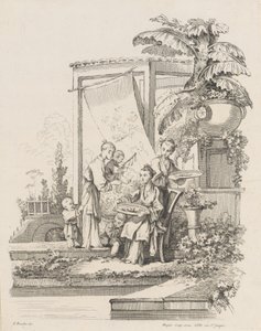 Siedząca kobieta z dziećmi i sługami, ca. 1738-45. autorstwa Gabriel Huquier