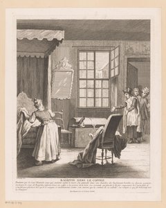 Slaapkamerinterieur spotkał Ragotina w een kist Plotka w bagażniku (tytuł na obiekcie) Sceny z Romana Comique van Scarrona (tytuł serii)