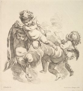 Troje dzieci w chmurach niosących zasłonę, 1738-45. autorstwa Gabriel Huquier