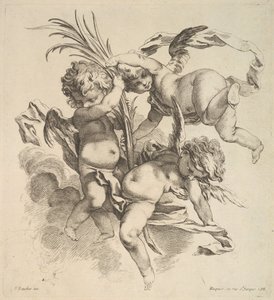 Troje dzieci wśród chmur w pobliżu liścia palmowego, 1738-45. autorstwa Gabriel Huquier