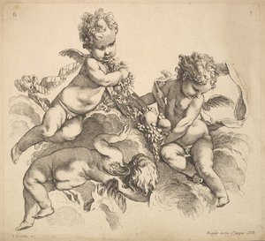 Troje dzieci z talerzem owoców, 1738-45. autorstwa Gabriel Huquier
