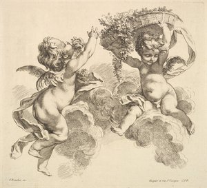 Dwoje dzieci, jedno trzymające kosz z kwiatami, 1738-45.