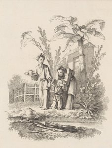 Dwie kobiety prowadzące dziecko do czajnika na stole w pobliżu stawu, ca. 1742. autorstwa Gabriel Huquier