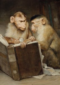 „Les sawants” (Uczeni) Dwie małpy trzymające otwartą księgę - Obraz Gabriela Corneliusa Rittera von Maxa (1840-1915) Kolekcja prywatna
