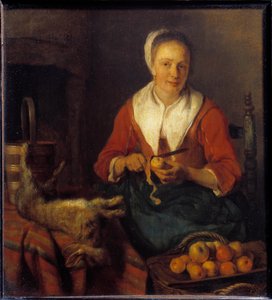 Skórka jabłka. Kobieta obiera jabłka i gotować z królikiem. Obraz Gabriela Metsu (1629-1667) Ec. Hol.