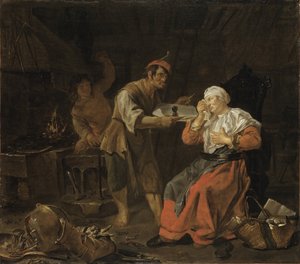 Płacząca kobieta w warsztacie kowalskim autorstwa Gabriel Metsu
