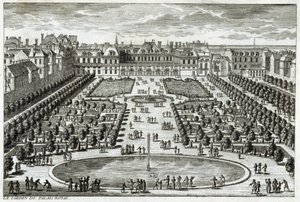 Widok na Parc du Palais Royal w Paryżu. Grawer Perelle, koniec XVII wieku.