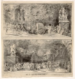 Sceny z Tuileries: Krzesła i wózek wodny, 1760, retusz 1763 autorstwa Gabriel de Saint Aubin