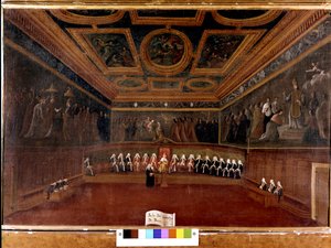 Sobór Dziesięciu w Pałacu Dożów w XVIII wieku - Sala Del Consilgio di Dieci 1725 - Sala Rady Dziesięciu, Pałac Dożów, Wenecja (18.) autorstwa Gabriele Bella (1730 - 1799) - Doża i Rada Dziesięć. Muzeum Correra. Wenecja
