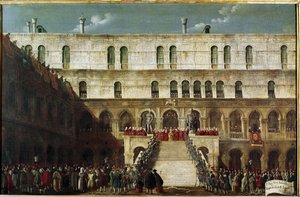 Indukcja Doży na Schody Geantów (Koronacja Doży na Scala dei Giganti w Wenecji) - Obraz Gabriele Belli (ok. Wenecja, Fundacja Querini Stampalia autorstwa Gabriele Bella
