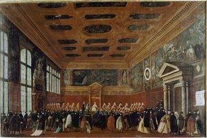 Przyjęcie ambasadorów w Collegio (Wenecja, przyjęcie ambasadora w Collegio) - Obraz Gabriele Bella (ok. 1730-1799), olej na płótnie, 99x150 cm. Wenecja, Fundacja Querini Stampalia autorstwa Gabriele Bella