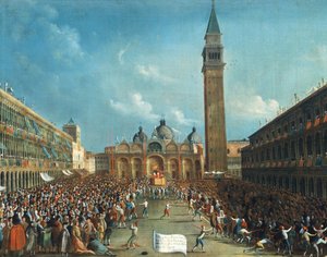 Doża triumfalnie niesiony i rozrzucający pieniądze na Piazza San Marco (Plac Świętego Marka) autorstwa Gabriele Bella