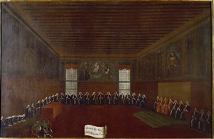 Widok na pomieszczenie kwarantanny kryminalnej, Sądu Najwyższego lub Rady Czterdziestu Obraz Gabriele Belli (1733-1799) XVIII-wieczna Wenecja, Fondazione „”Querini Stampalia”” autorstwa Gabriele Bella