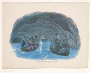 Figurki na łodziach wiosłowych w Błękitnej Jaskini na Capri Interno della Grotta azzurra a Capri (tytuł na obiekcie)