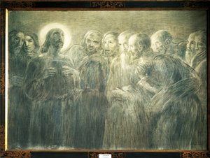 Chrystus wśród apostołów, Gaetano Previati (1852-1920), węgiel drzewny na płótnie autorstwa Gaetano Previati