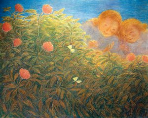 Kwiaty i motyle, Gaetano Previati (1852-1920), olej na płótnie autorstwa Gaetano Previati