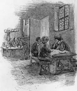 Renzo, Tonio i Gervase w gospodzie, rozdział VII, ilustracja Gaetano Previati (1852-1920) do Wierności, powieść historyczna Alessandro Manzoniego (1785-1873) autorstwa Gaetano Previati