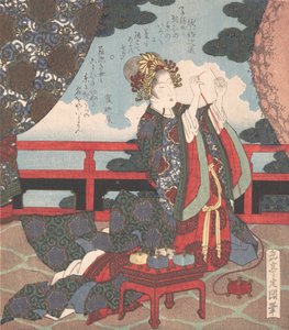 Lady Threading Needle na werandzie, XIX wiek. autorstwa Gakutei
