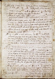 Strona „”Sidereus Nuncius””, w której Galileusz nazywa cztery gwiazdy jako Medicea Sidera lub Pianeti Medicei (planety śródziemnomorskie): rękopis włoskiego astronoma i fizyka Galileo Galilei dit Galilee (1564-1642) napisany dla Cosimo de Medicis (Cosimo