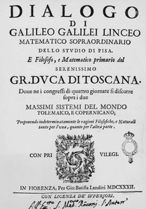 Strona tytułowa Dialogu dotyczącego dwóch głównych systemów światowych, ptolemejskiego i kopernikańskiego, Galileo Galilei (1564-1642), opublikowanego we Florencji w 1632 przez Gian Battista Landini