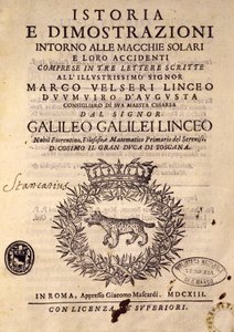 Strona tytułowa Historii i pokazy dotyczące plam słonecznych i ich właściwości autorstwa Galileo Galilei
