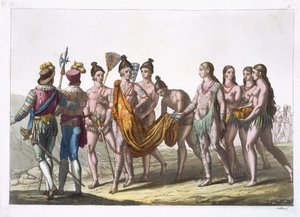Native American Widows zwracają się do swojego szefa o pozwolenie na ponowne małżeństwo, płyta 57 z „Le Costume Ancien et Moderne” Julesa Ferrario, wydana ok. 1820-30 autorstwa Gallo Gallina