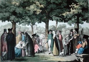 Ramblas w Barcelonie, z „Le Costume Ancien et Moderne” Julesa Ferrario, ok. 1820 (kolor lito) autorstwa Gallo Gallina