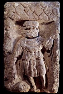 Sztuka gallo-rzymska: trójgłowe bóstwa lub Merkury ma trzy głowy. Relief na kamieniu. I wiek pne - V wiek naszej ery. Paryż, Muzeum Carnavalet autorstwa Gallo Roman