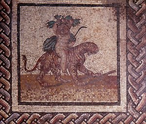 Gallo Roman Art: mozaika przedstawiająca rustykalny kalendarz. Alegoria jesieni siedzącej na tygrysie. Koniec II, początek III wieku po JC. Z Saint-Romain-en-Gal (Rhone). Saint Germain en Laye, Narodowe Muzeum Archeologiczne autorstwa Gallo Roman