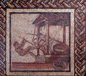 Gallo Roman Art: mozaika przedstawiająca rustykalny kalendarz. Prasa olejowa. Koniec II, początek III wieku po JC. Z Saint-Romain-en-Gal (Rhone). Saint Germain en Laye, Narodowe Muzeum Archeologiczne autorstwa Gallo Roman