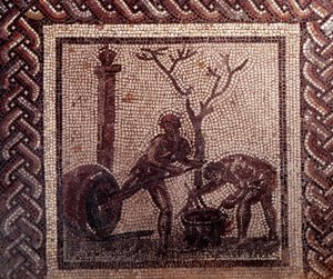 Gallo Roman Art: mozaika przedstawiająca rustykalny kalendarz. Słoik przedstawiający scenę. Koniec II, początek III wieku po JC. Z Saint-Romain-en-Gal (Rhone). Saint Germain en Laye, Narodowe Muzeum Archeologiczne autorstwa Gallo Roman