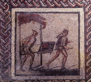 Gallo Roman Art: mozaika przedstawiająca rustykalny kalendarz. Scena transportu obornika. Koniec II, początek III wieku po JC. Z Saint-Romain-en-Gal (Saint Romain en Gal, Rodan). Saint Germain en Laye, Narodowe Muzeum Archeologiczne autorstwa Gallo Roman