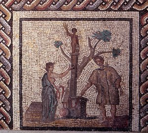 Gallo Roman Art: mozaika przedstawiająca rustykalny kalendarz. Scena poświęcenia w Ceres i Apollo. Koniec II, początek III wieku po JC. Z Saint-Romain-en-Gal (Rhone). Saint Germain en Laye, Narodowe Muzeum Archeologiczne autorstwa Gallo Roman