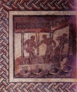 Gallo Roman Art: mozaika przedstawiająca rustykalny kalendarz. Scena stąpania winogron w kadzi. Koniec II, początek III wieku po JC. Z Saint-Romain-en-Gal (Rhone). Saint Germain en Laye, Narodowe Muzeum Archeologiczne autorstwa Gallo Roman