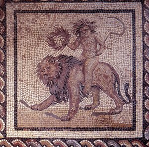 Gallo Roman Art: mozaika przedstawiająca rustykalny kalendarz. Letnia alegoria o lwie. Koniec II, początek III wieku po JC. Z Saint-Romain-en-Gal (Rhone). Saint Germain en Laye, Narodowe Muzeum Archeologiczne autorstwa Gallo Roman