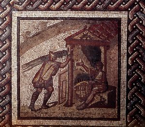 Gallo Roman Art: mozaika przedstawiająca rustykalny kalendarz. Kosze z wikliny i plecionki. Koniec II, początek III wieku po JC. Z Saint-Romain-en-Gal (Rhone). Saint Germain en Laye, Narodowe Muzeum Archeologiczne autorstwa Gallo Roman