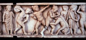 Sztuka rzymska Gallo (galloromain): marmurowy fryz z sarkofagu przedstawiający bawiące się dzieci. Paryż, Luwr autorstwa Gallo Roman Gallo Roman