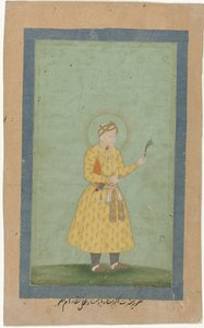 Portret Akbara, stojącego, z pióropuszem w dłoni autorstwa Gangaram (attributed to)