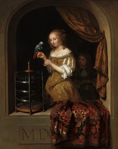 Kobieta karmiąca papugę ze stronicą, 1666. autorstwa Gaspar Netscher