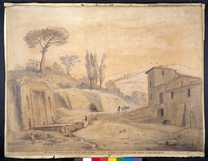Antyczna fontanna i łuk w Grottaferrata, Rzym (pióro i atrament z akwarelą na papierze) autorstwa Gaspar van Wittel